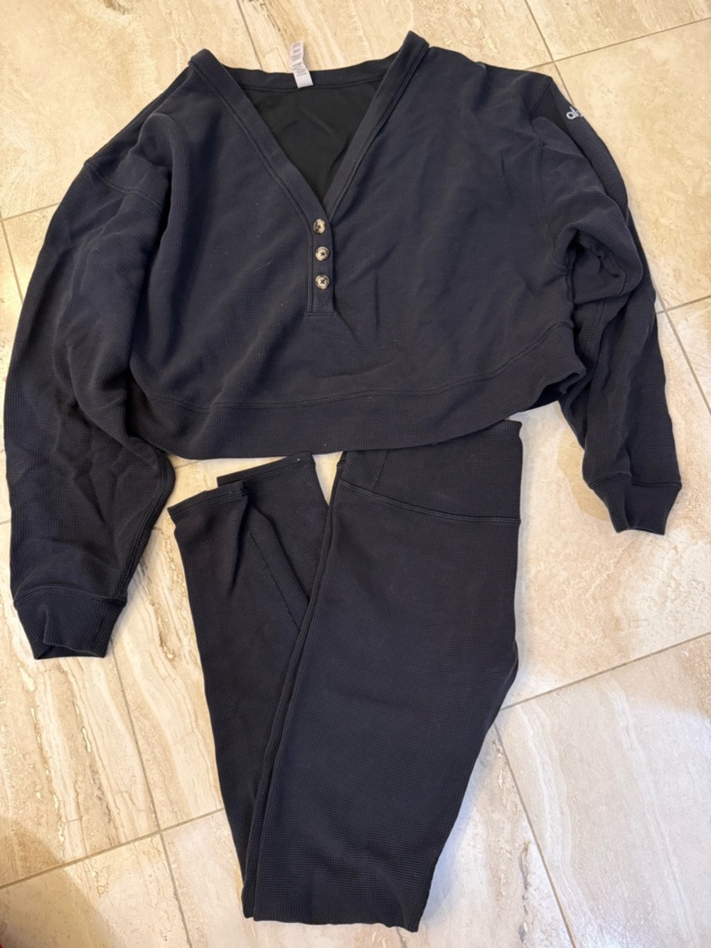 ALO Black Waffle Knit Henley Top & Leggings Set